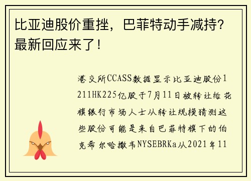 比亚迪股价重挫，巴菲特动手减持？最新回应来了！ 